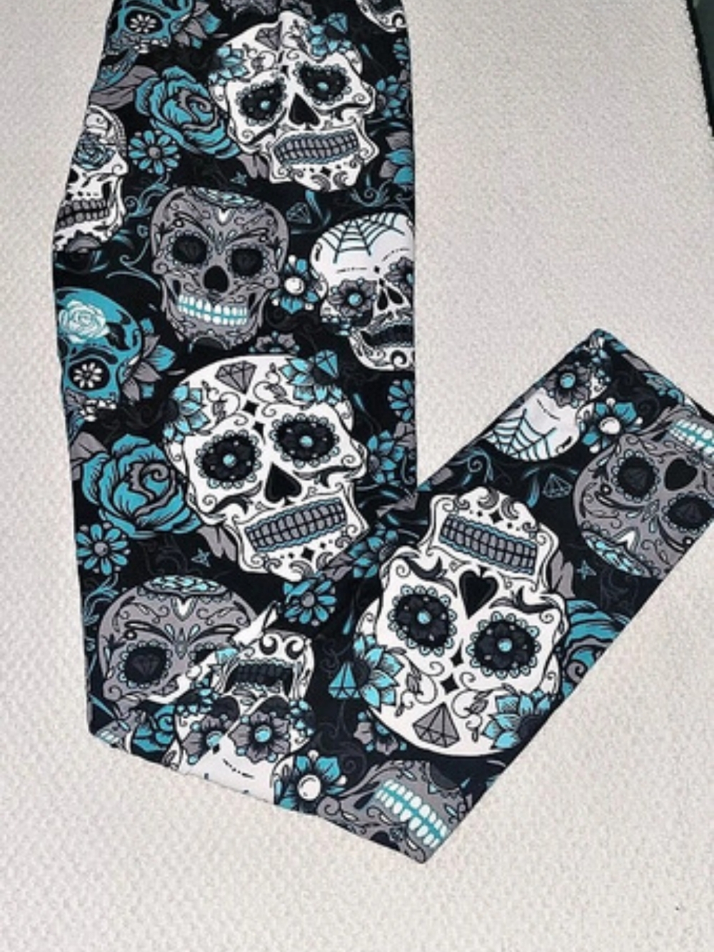 Sweetlegs Sugar Skull Leggings in Black & Green